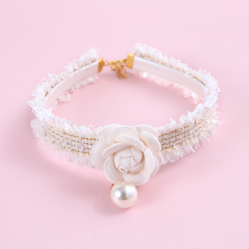 Hand-Woven Small Fragrant Wind Camellia Pu Adjustable Cat Fairy Collar Bell Pearl Flower Pet Bib