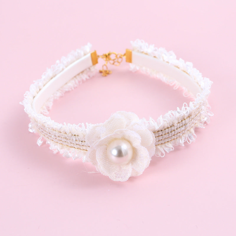 Hand-Woven Small Fragrant Wind Camellia Pu Adjustable Cat Fairy Collar Bell Pearl Flower Pet Bib