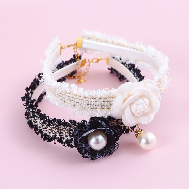 Hand-Woven Small Fragrant Wind Camellia Pu Adjustable Cat Fairy Collar Bell Pearl Flower Pet Bib